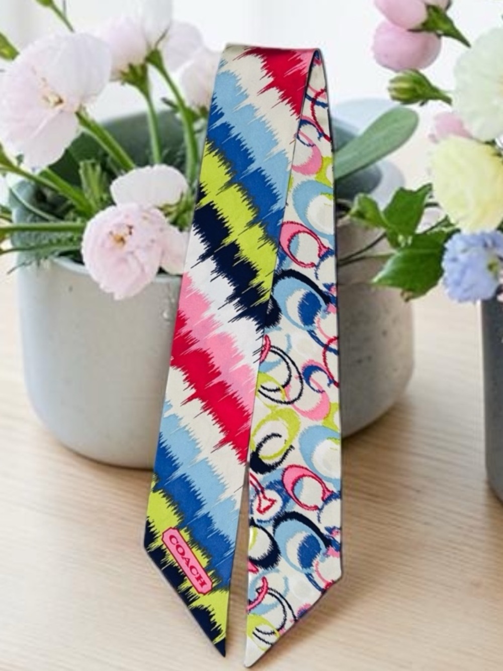 Coach Poppy multicolor IKAT print silk skinny scarf